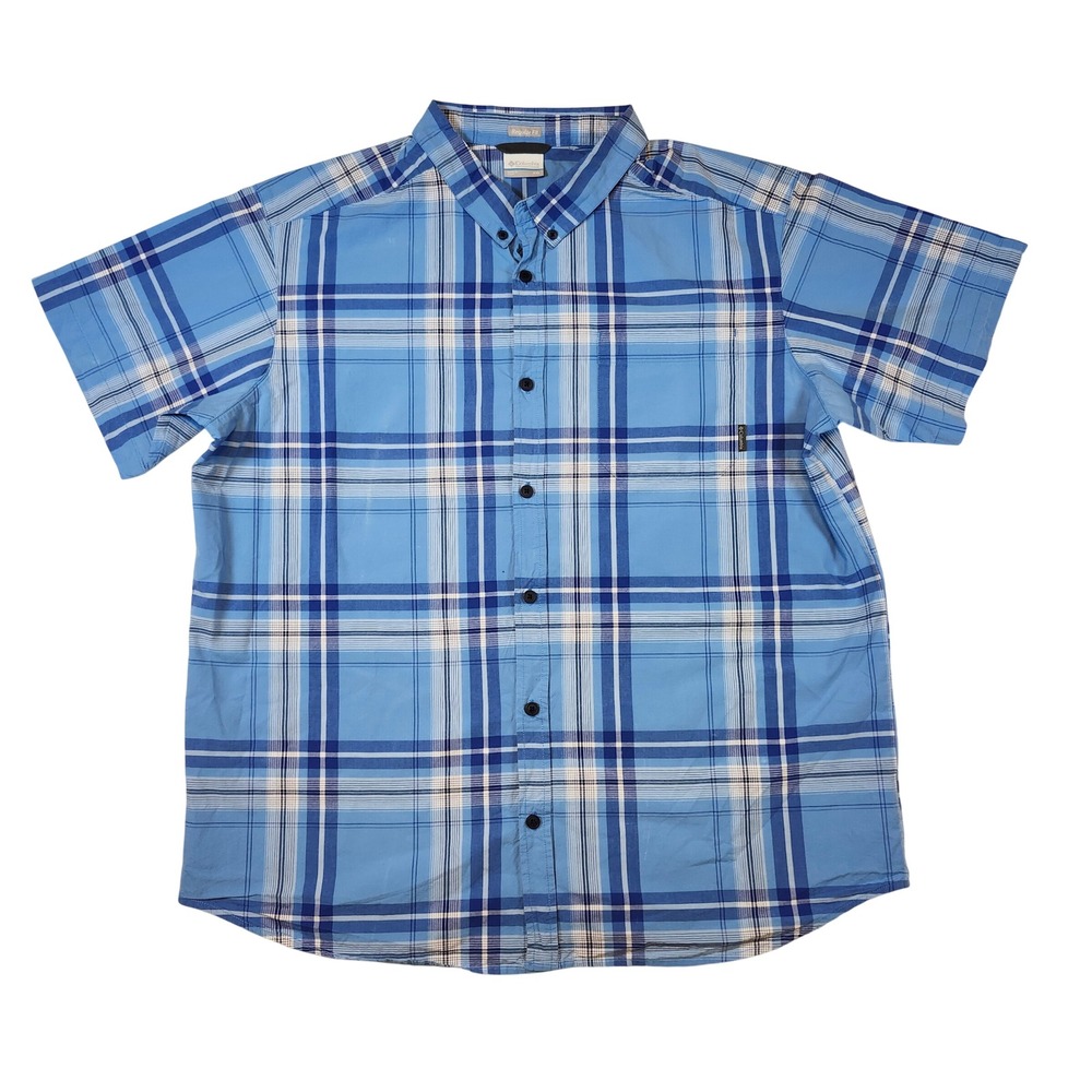 Columbia Button Front Shirt Mens XXL Blue Excellent Plaid AM9132 Short Sleeve